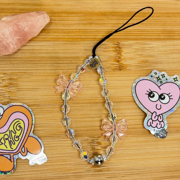 String Ting Teeny Charm Cutesy Pink Bows w Swarovski Crystals - Picture 4 of 4